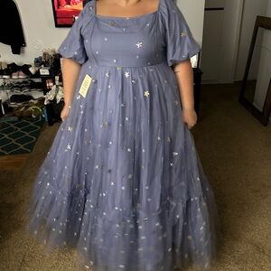 Light blue dress with gold and silver starts